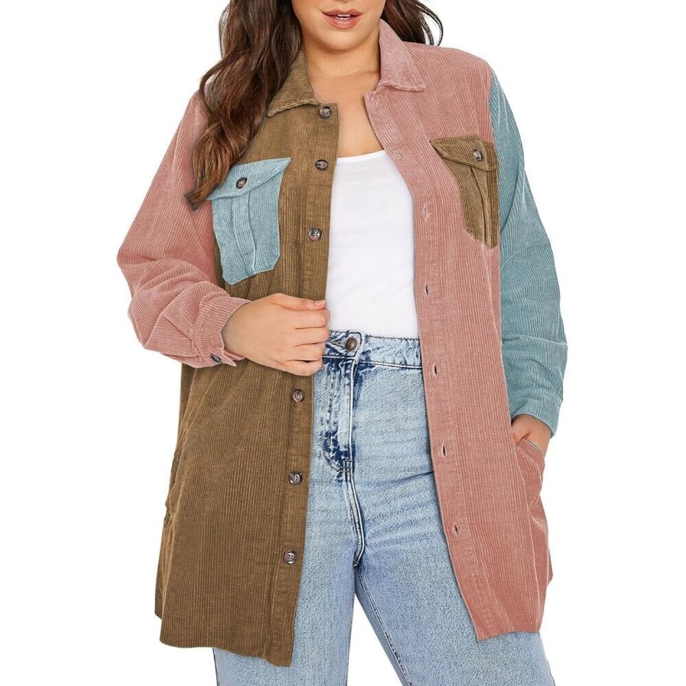 🆕Womens Brown Plus Size Plaid Shacket Long Sleeve Button Down Casual Jacket
